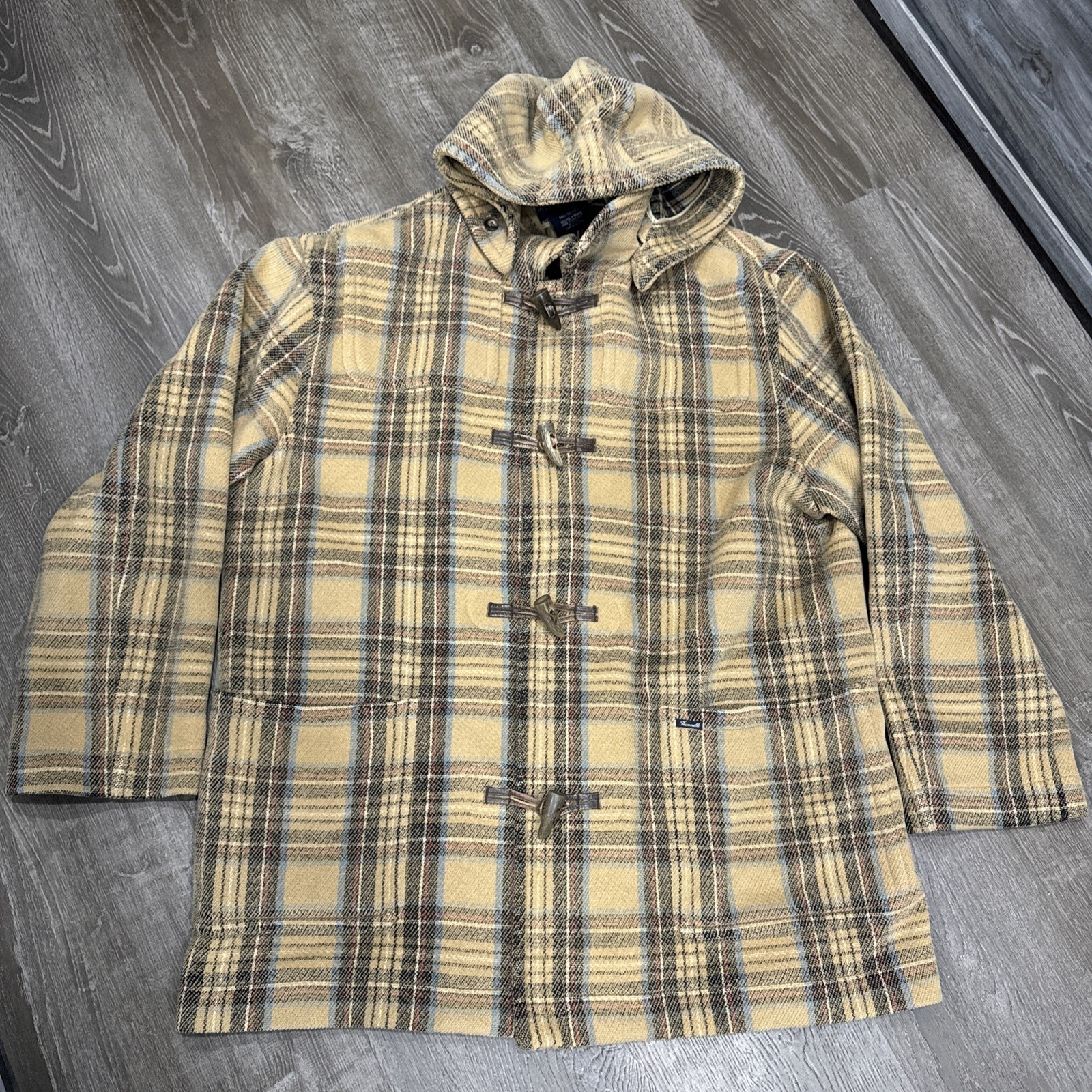 Vtg Faconnable Albert Goldberg Duffle Coat Plaid Wool Tweed Xl Toggle Hooded